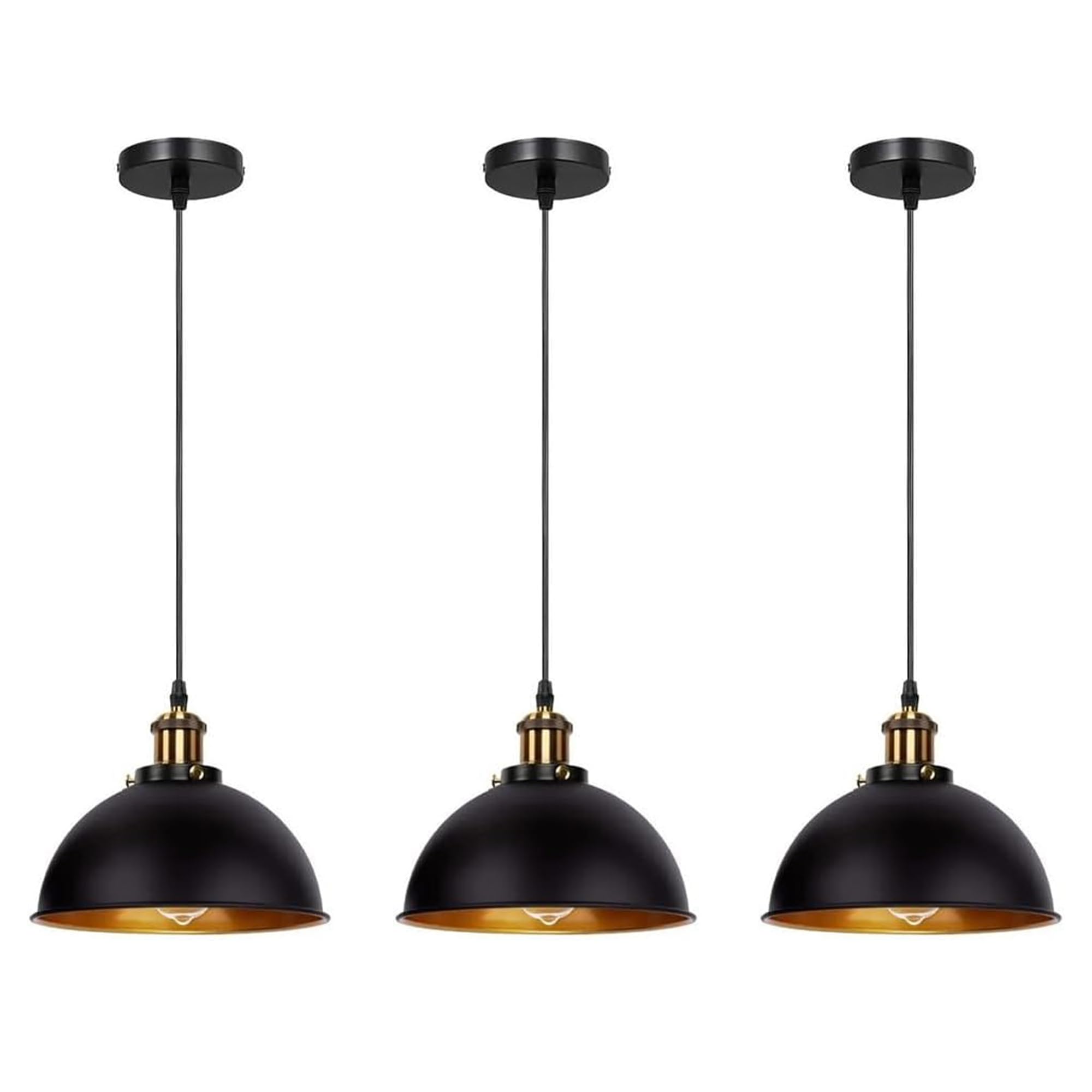 DC VOLTAGE 3 Pack 1 Way Pendant Light E27 Black Inner Gold Metal Light Shade Industrial Ceiling Hanging Lights for Kitchen Bedroom Living Dining Room