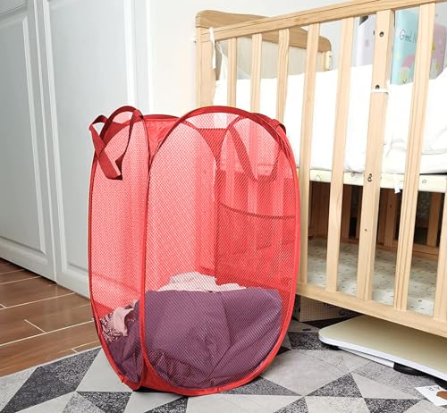 Image of Larpur Popup Mesh Laundry Basket, Collapsible and Portable Clothes Washing Laundry Hamper with Reinforced Carry Handle (Red)