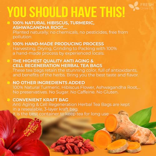 Image of FreshDrinkUS, Premium Harmony Herbal Tea | 60 Tea bags | 100% Natural Turmeric, Hibiscus, Ashwagandha, Goji Berry, Reishi, Cinnamon & Orange Peel - Naturally Aromatic Caffeine-Free Tea