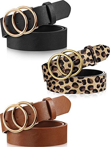 3 Pieces Women Leather Belt for Jeans Dress Waist Belts with Double Ring Buckle (Black, Brown and Leopard Print, L: suit for waist 33