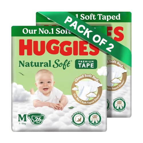 Image of Huggies Natural Soft Premium Tape Diapers Medium (M) Size, 7-12 kgs,52 Count | Our No.1 Soft Taped Diaper with Cloud Soft Bed and Runny Poo Absorption