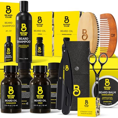 The Beard Club Beard Kit for Men - Grooming & Care Kit - Cedar & Sandalwood Oil, Sandalwood Balm, Shampoo, Brush, Comb, Trimming Scissors, Straight Edge Razor - Dad Gift Set