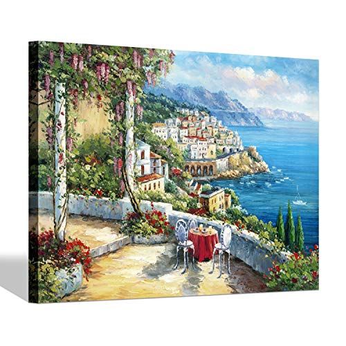 SD SOFT DANCE European Town Canvas Wall Art - Coastal Flower Garden Artwork Painting Reproduction Print for Office (24'' x 18'' x 1 Panel)