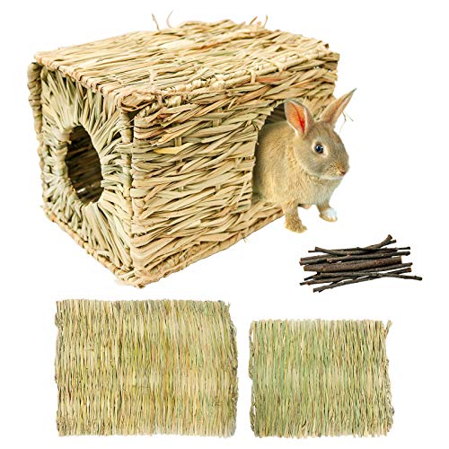 Grass House for Rabbits, Natural Hand Woven Seagrass Play Hay Bed Hut Foldable Toy Hut for Play and Sleep, Hideaway Hut Toy for Hamster Guinea Pig, Chinchilla, with Grass Mats and Apple Sticks (G01)