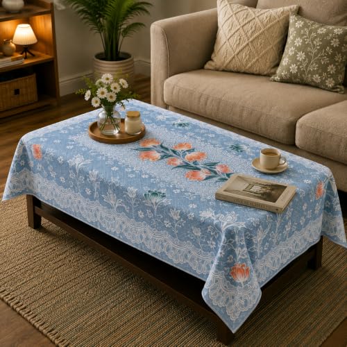 Image of STITCHNEST Florenza Blue Cotton Net Table Cover 40x60 Inches