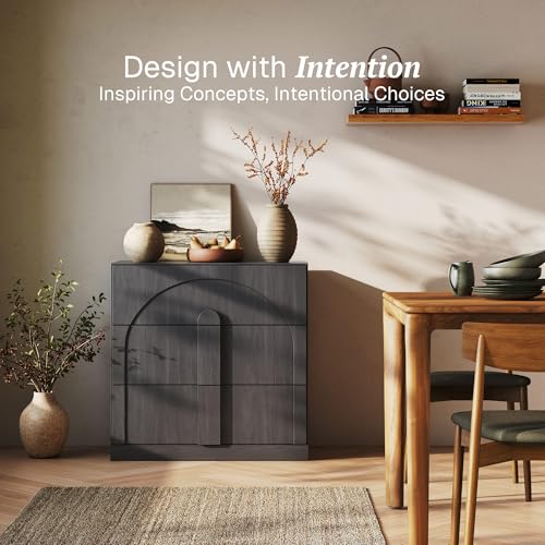 Image of BELLEZE Sideboard Cabinet with 3 Drawers, Modern Wood Buffet Cabinet with Arc Design, Large Fluted Sideboard with Storage for Kitchen Living Room Entryway, Ebony