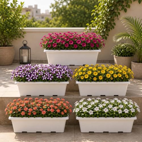 Image of Go Hooked Jupiter Window Planter Pot Pack of 5 | 17 Inch White Plastic Rectangular Flower Planter for Indoor Outdoor Plants Balcony Garden Home Decor | Decorative Plant Container L43 x W22 x H18 Cm