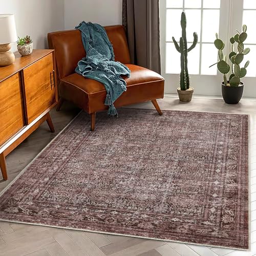 Washable Area Rug 4'x6' Traditional Floor Cover Foldable Thin Rugs Retro Kitchen Indoor Distressed Non Slip Carpet Floral Print Mat Bedroom Living Room