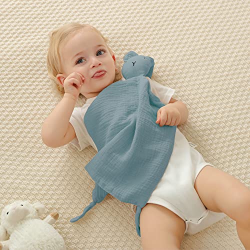 Image of insular Bunny Lovey Blanket for Boys and Girls, Organic Cotton Muslin Security Blanket for Babies, Soft Breathable Lovie Soothing Towel for Newborn and Infant, 2 Pcs Set (Blue&Grey)