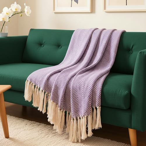 Image of SAJAVAT HOME Hand-Knitted Cotton Sofa Throw | White & Purple with Tassel Design for 3 & 5 Seater Sofa & Bed | Soft Lightweight All-Season Throw Blanket (80x52 Inches)