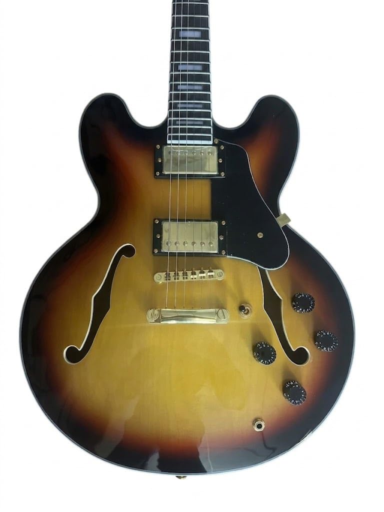 Chitarra elettrica a corpo semi-cavo, Sunburst con fori a F e doppi humbucker, 6 corde full size for Jazz Blues Rock (Guitarra Eléctrica)