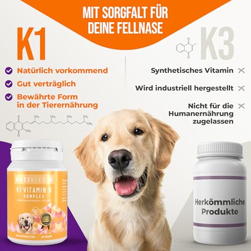 NatiVivo K1 Vitamin B Komplex Hund – hochdosierte Hunde Vitamine mit Vitamin B1, B12 & Folsäure Vitamine für Hunde 120 Premium Tabletten Made in Germany