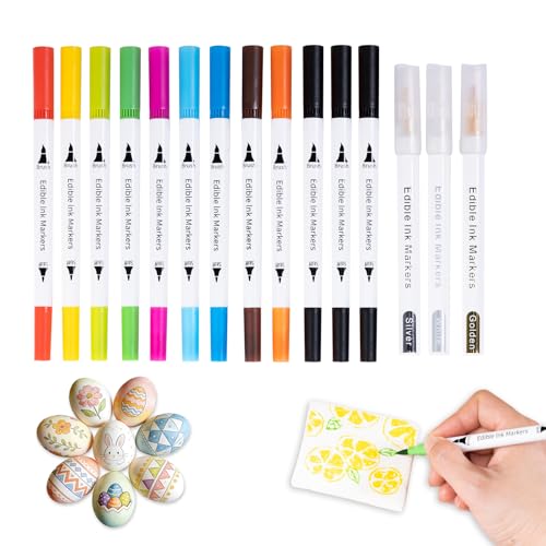 Image of KORNNAC 15pcs Food Coloring Edible Markers for Cake Decorating With 13 rich colors white gold silver red green organic pink blue purple brown yellow black