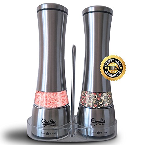 Ecoline Home Salt and Pepper Grinders/Mills Set- 2 Stainless Steel Manual Mills with Adjustable Ceramic Grinding Mechanism and Convenient Stand- Best Quality Shakers