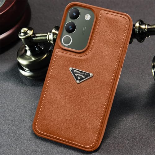 Image of Vaku Luxos Nyxen Back Cover Case for Vivo Y200 5G Premium Leather Stitched Soft Shockproof Protective TPU Phone Case Camera Screen Protector- Brown