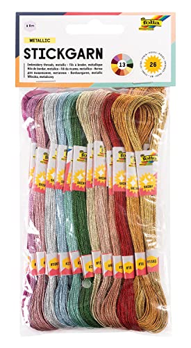 folia 23994 Embroidery Thread Metallic, 100% Polyester, 26 Docks of 8 m in 13 Metallic Shimmer Colours, Assorted for Embroidery, Knotting and Crafts