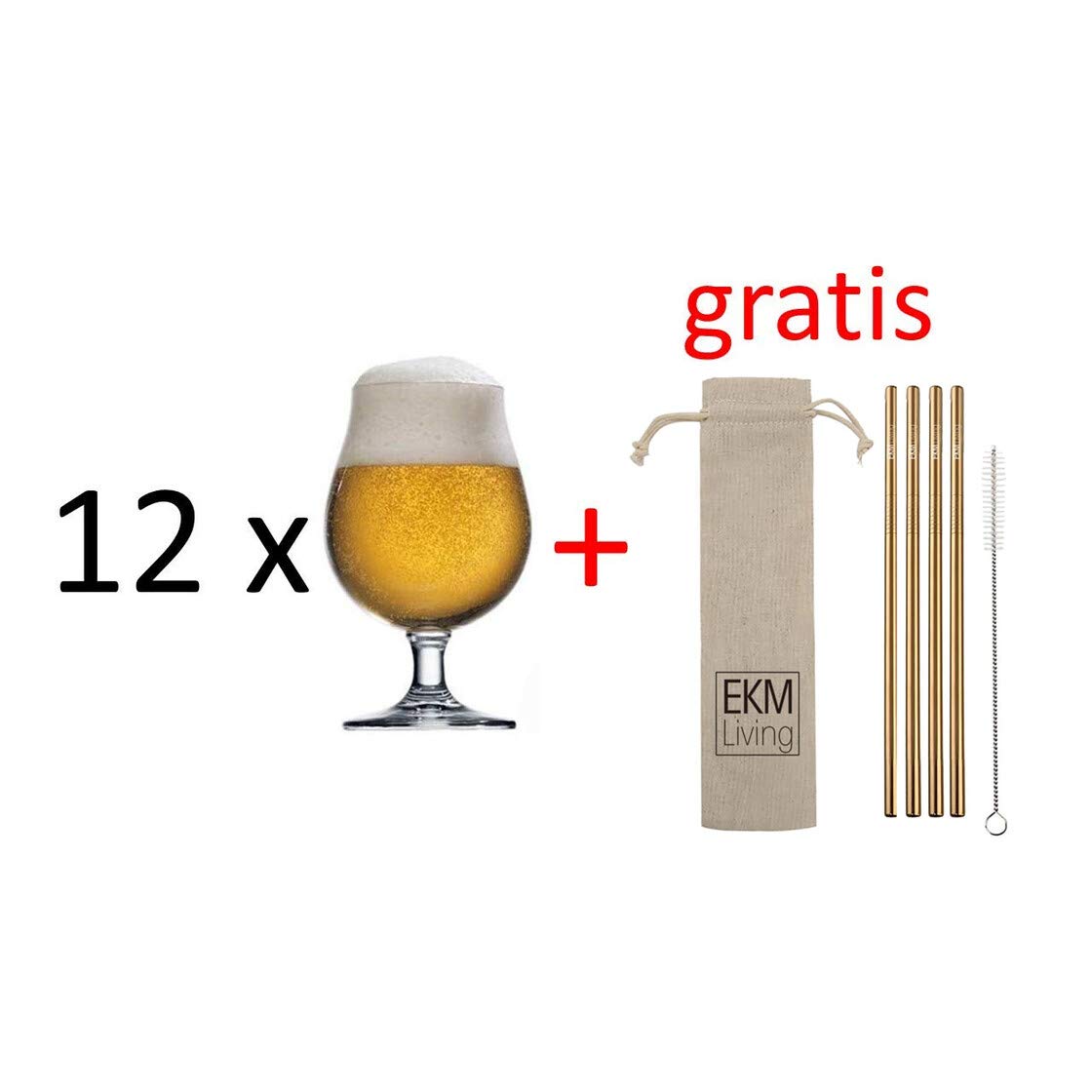 Stölzle Lausitz Tulipa de cerveza de 0,4 l, serie Berlín, 500 ml, juego de 12 vasos de cerveza, giratorios, alta calidad, apto para lavavajillas + juego de 4 pajitas de acero inoxidable EKM Living