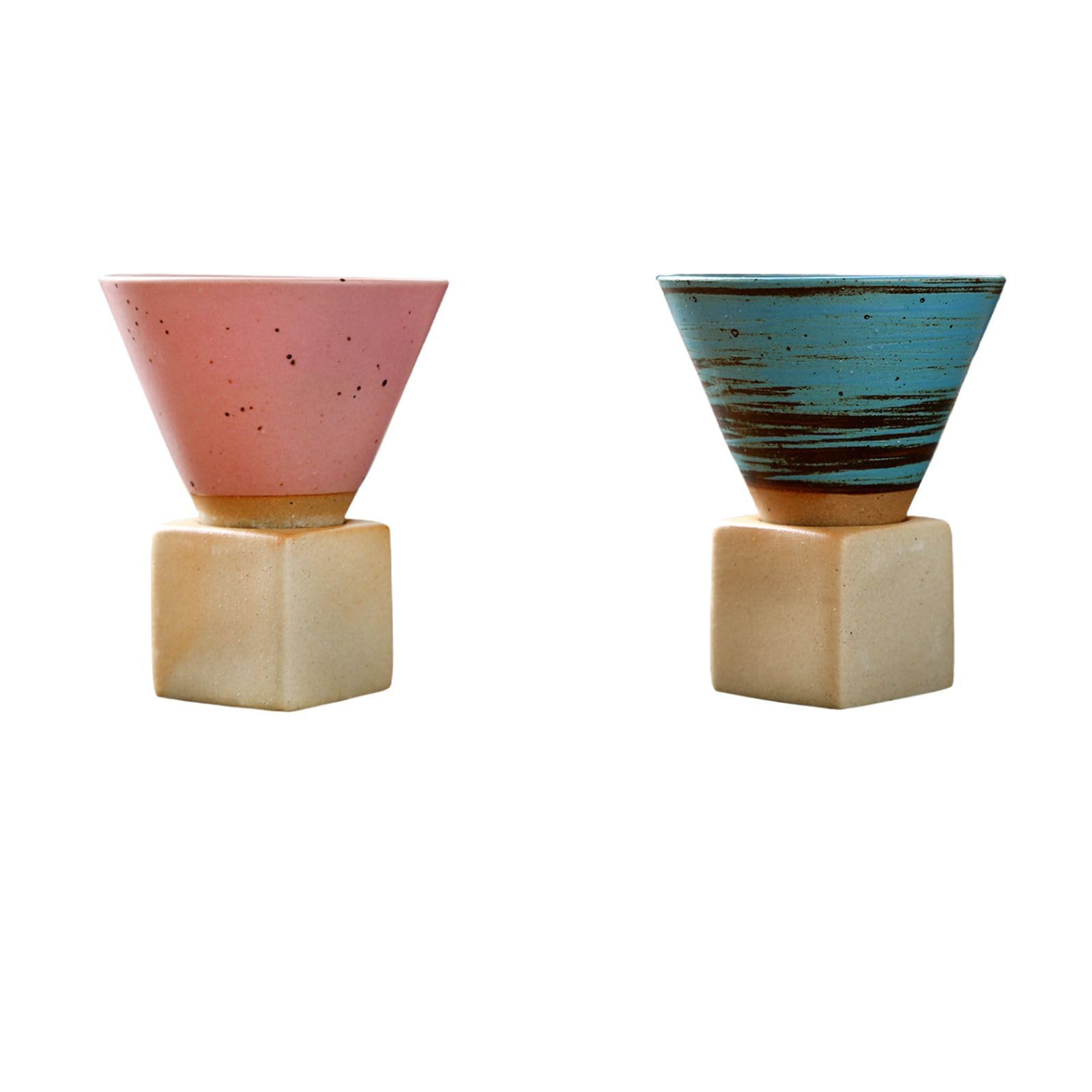 BEIJIALY 2 Pcs Coarse Pottery Coffee Mug with Base, 200ml Ceramic Japanese Coffee Tea Cup Mug, Creative Triangular Cone Shape Porcelain Mug for Home Office(Blue Pink)