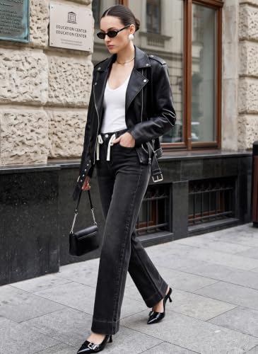 Image of Sidefeel Women's High Waisted Straight Leg Jeans Drawstring Denim Pants