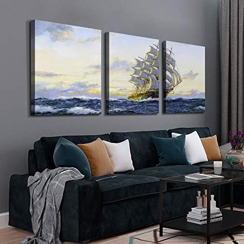 Miniatura 3 de Denozer - 3 paneles de impresiones artísticas en lienzo para pared - Barco de vela grande en pintura de paisaje oceánico  Decoración moderna de