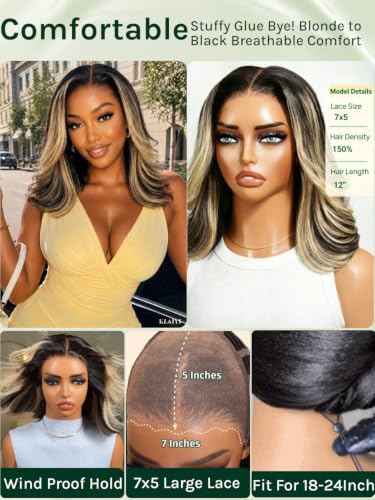 Image of KLAIYI Bye Bye Slip Ombre Ash Blonde Highlight Bob Body Wave Glueless Precut 7X5Lace Front Wigs Human Hair Layer Blowout Drawstring Ready to Wear Go Wig Face Framing Pre Plucked Bleached Knots 12Inch