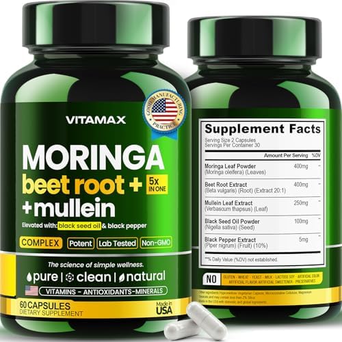 Moringa Capsules, Beet Root, Mullein Leaf – Energy, Skin, Immune Supplement Superfood, Rich in Antioxidants, Minerals & Essential Vitamins – High Absorption Non-GMO – Made in USA – 60ct