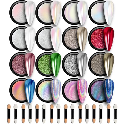 GELPARTY 16 Colour Chrome & Holographic Nail Powder Kit – Mirror-...