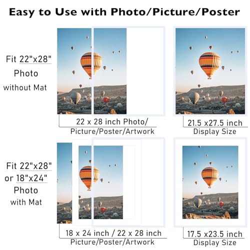 Image of JCJMY 22x28 Picture Frame with 18x24 Mat, Display Photo 18x24 with Mat or 22 x 28 Without Mat, Wall Hanging Large 22 by 28 Poster Frame with Plexiglass, White