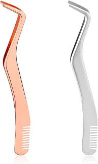 2pcs Stainless Steel Eyelash Tweezer Set, Stainless Steel Eyelash Extension Tweezer with Comb for Girls Women Beginner Makeup Artists (Silver,Rose Gold)