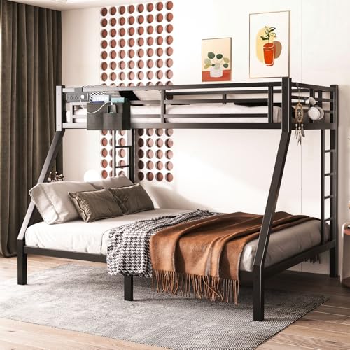 XUWANSHANG Twin XL Over Queen Bunk Bed Frame Heavy Duty Metal Loft Bed for Adults/Teens 350/600LB Capacity w/Ladder & Guardrail Noise-Free Steel Slats No Box Spring Required Black