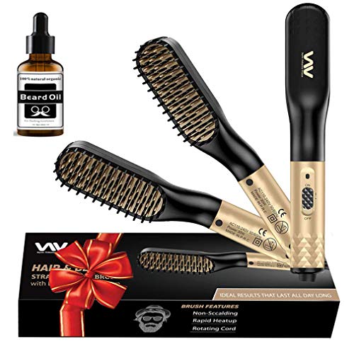 Beard Straightener, Hair Straightener Brush, Quick Electric Heated Hair Comb Kit with Beard Oil, Hot Ionic Hair Straightening Comb, Ideal Gift for Men & Women