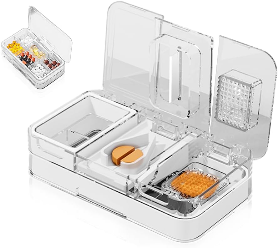 3-in-1 Pill Cutter Splitter, Pill Splitter for Small and Tiny Pills, Portable Travel Pill Box Container for Storing Grinding Cutting Pills Vitamins Tablets