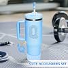 Blue Accessories for Stanley Cup Accessories 30OZ 40OZ, All Accessories Gift Box Contain Flower Straw Topper, Sillicone Boot, Letter Stickers and Pendants,Spill Stopper Set (Blue Q)
