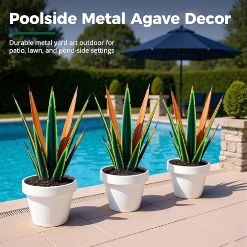 Image of KODIBO 24 inch Metal Agave Plant Outdoor Decor, Large Yard Art, Vintage Green | Weather-Resistant Metal, Hand-Painted Finish, Desert Steel Yard Art, Tequila Rustic Sculpture, Garden Decor for Outside