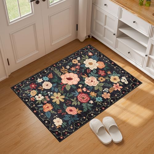 Image of DUKINO 2x3 Rugs for Entryway, Floral Indoor Washable Door Mat, Non Slip Boho Small Rug for Kitchen, Soft Low Pile, Front Door Throw Rug for Entrance, Bedroom, Kitchen, Laundry, Bathroom, Black