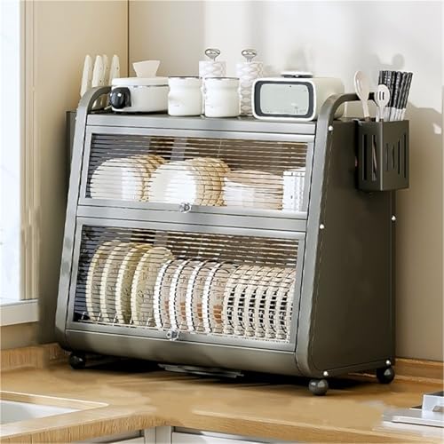 Escurreplatos,Mueble de Cocina con Soporte para Cuchillos y Palillos,estantes 3 Capas,Puerta abatible,Almacenamiento Multifuncional Especias,Botellas Cuencos(Negro,52cm)