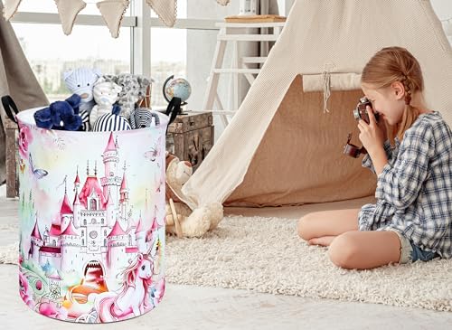 Image of Round Castle Pattern Laundry Hamper Clothes Storage Basket Fabric Storage Hamper Organization Storage Bin, Nursery Box,Gift Basket with Handles
