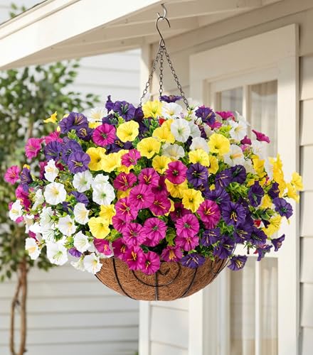 HyeFlora Artificial Hanging Flowers Faux Plants Basket for Outdoors Spring Decor, Fake Silk Morning Glory with Eucalyptus in Planter UV Resistant Outdoor Flowers for Outside Porch Patio Garden Home