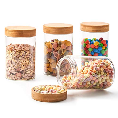 EZOWare Lot de 4 Boîte Bocaux de Rangement Cuisine en Verre, 1500ml Borosilicate Alimentaire Bocal Conservation avec Bambou Aluminium Couvercle Hermétique Pour Pâtes, Céréales Farine Cafe