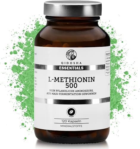 QIDOSHA L Methionin Kapseln hochdosiert 120 Kapseln im Apothekerglas Methionin 500mg je Kapsel pflanzliche Aminosäure L-Methionin aus Mais-Fermentation 100% vegan in Deutschland produziert
