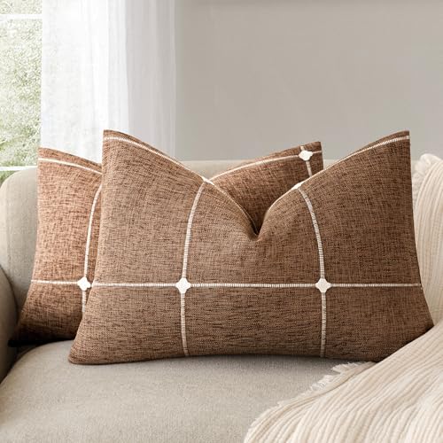 Image of Foindtower Pack of 2 Decorative Faux Linen Jacquard Check Throw Pillow Covers Farmhouse Lumbar Cushion Cover with Grid Textured Pillowcase for Couch Sofa Living Room Home Decor,12x20 Inch,Orange Brown