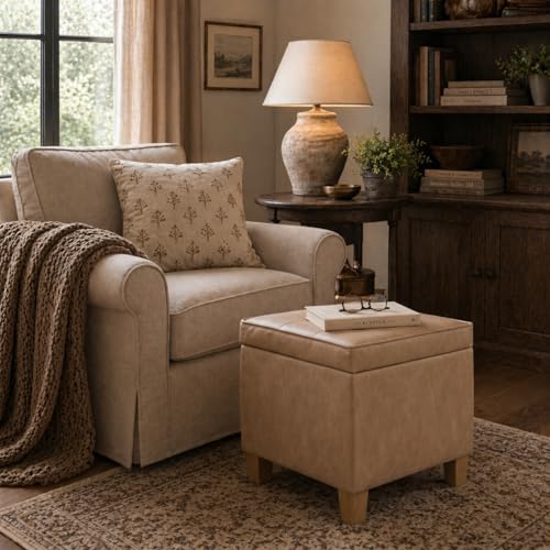 Image of HomePop 18 inch Square Tufted Storage Ottoman - Sand Faux Leather