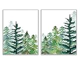 Watercolor Forest with Pine Trees on Mountain Landscape Wall Art Prints - Set of 2-11x14 UNFRAMED -...