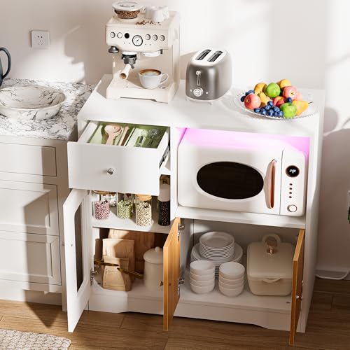 Armario de cocina con estante para microondas, armario de cocina con encimera con enchufe 2 AC 2 USB, aparador de cocina con 1 cajones, armario de almacenamiento con luz para comedor 83 x 40 x 80 cm