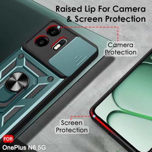 Image of TheGiftKart Tough Armor Bumper Back Cover Case for OnePlus N6 5G | Sliding Camera Cover, Kickstand & Ring Holder | 360 Degree Protection Back Case Cover for OnePlus N6 5G (PC & TPU, Green)