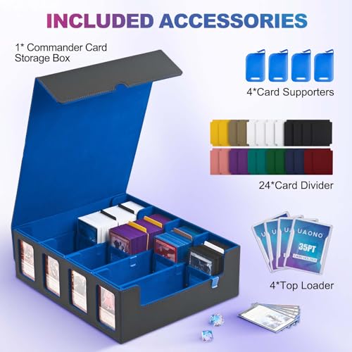 Image of UAONO Trading Card Storage Box with Commander Display; 2400+ Deck Box for MTG with Removable Cover; Top Loaders Card Case fits Magic TCG PTCG Sports Cards; 24 Dividers, 4 Stoppers (Black, Blue)