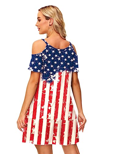 Image of Deerose Womens 4th of July Dresses Cold Shoulder American Flag Tie Dye A-Line Dress with Pockets