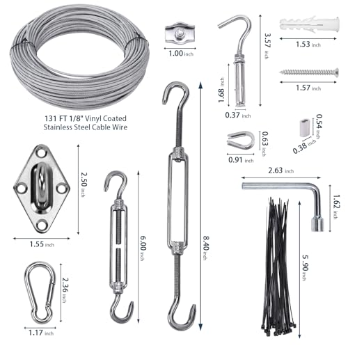 Unicaravan Shade Sail Hardware Kit 6 inch with 131FT 1/8" Wire Rope Kit for Triangle Rectangle Sun Shade Sail Outdoor Installation turnbuckles for Cables Wire for Outdoor,Garden,Kitchen,Craft,243PCS