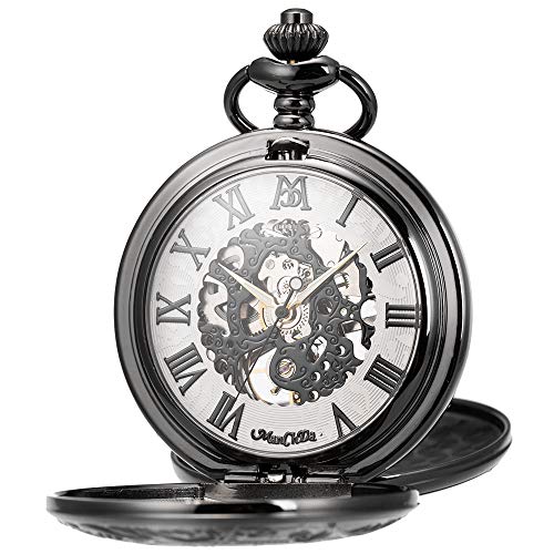 Image of ManChDa Mechanical Roman Numerals Dial Skeleton Pocket Watches with Box and Chains for Mens Women