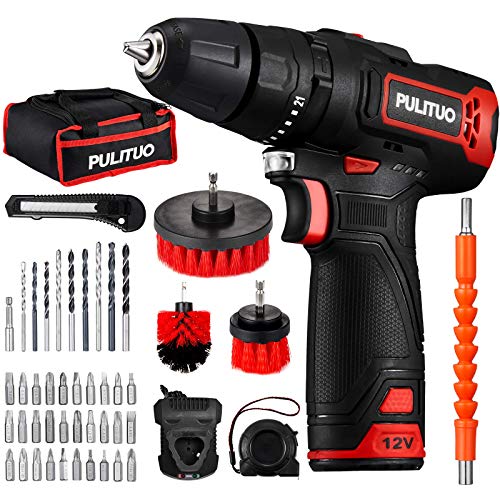 Electric Compact Drill,PULITUO Cordless Power Driver Kit 48pcs (Max Torque 222in-lbs,2000mAh Battery,21+1+1 Torque Setting,3/8" Metal Chuck)Electric Screw Driver for Drilling Wall, Bricks, Wood, Metal